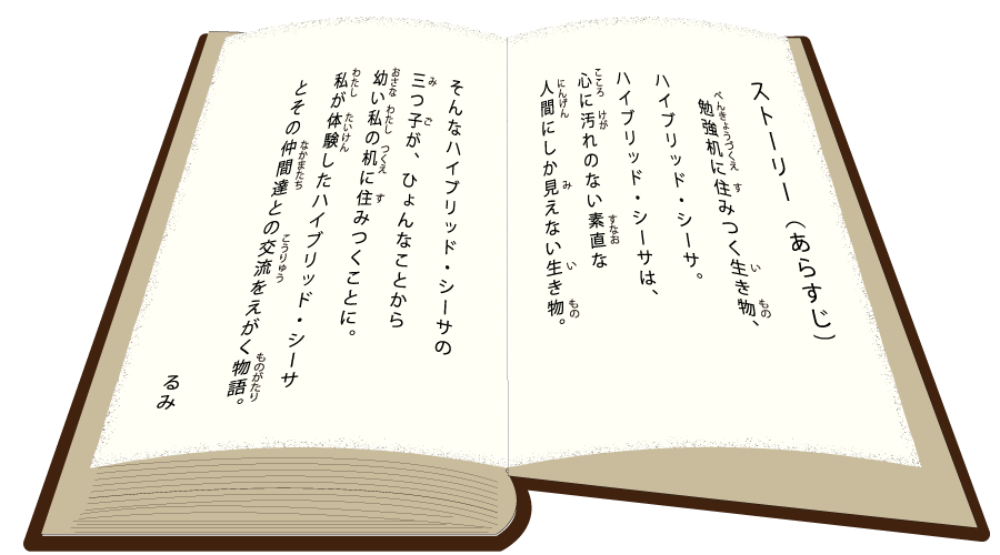 ストーリー（あらすじ）　勉強机に住みつく生き物、ハイブリッド・シーサ。ハイブリッド・シーサは、心にけがれがない素直な人間にしか見えない生き物。そんなハイブリッド・シーサの
三つ子が、ひょんなことから幼い私の机に住みつくことに。私が体験したハイブリッド・シーサとその仲間達との交流をえがく物語。 